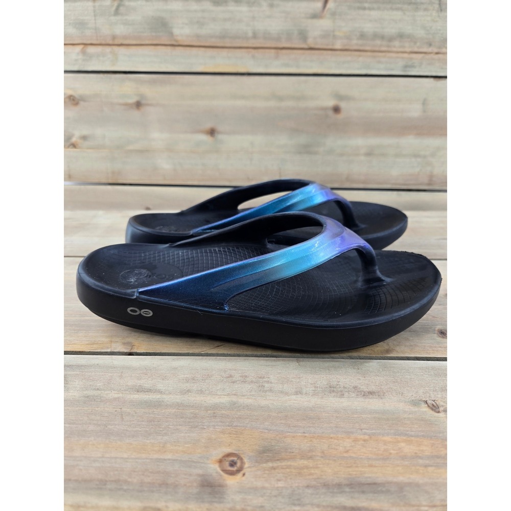 OOFOS OOlala Luxe Recovery Sandals Black Iridescent Blue Ombre Womens 10 EU 41